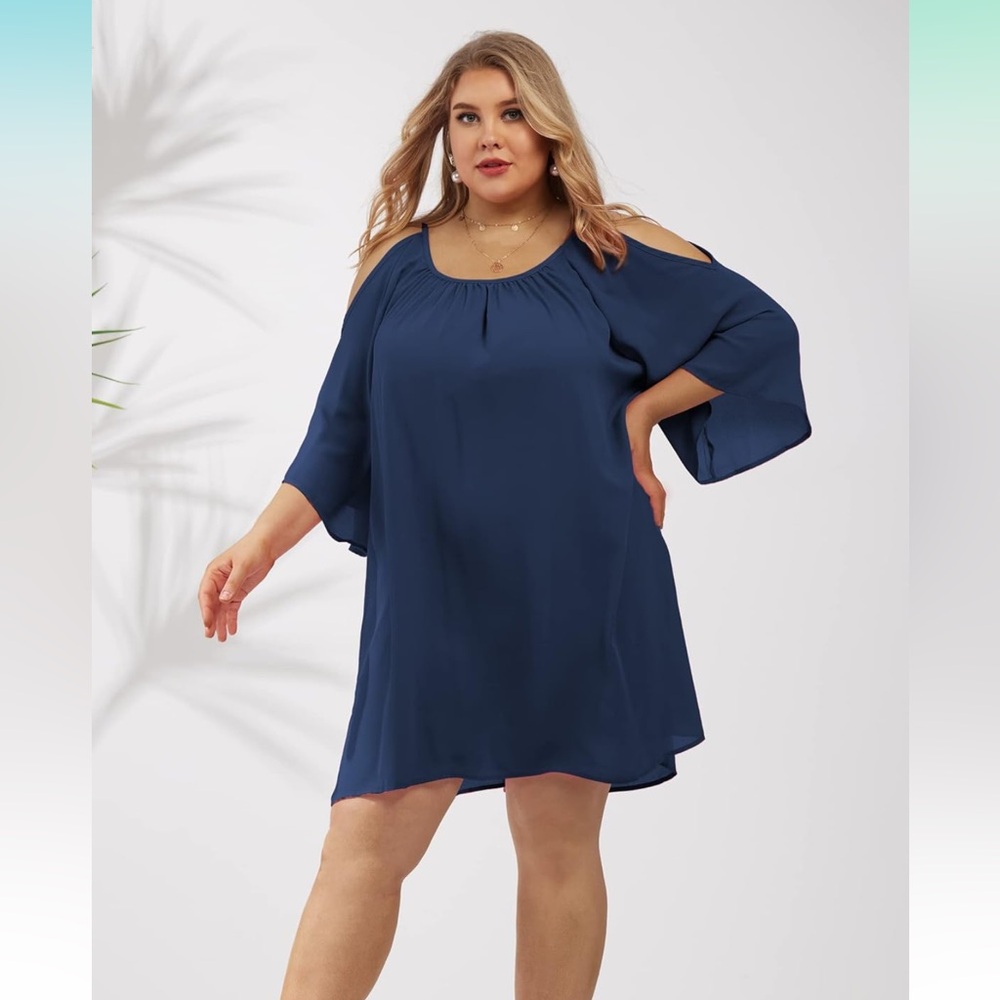 BOUTIQUE Plus-Size Cold Shoulder Mini Dress Tunic Blouse Royal Blue 1XL & 2XL